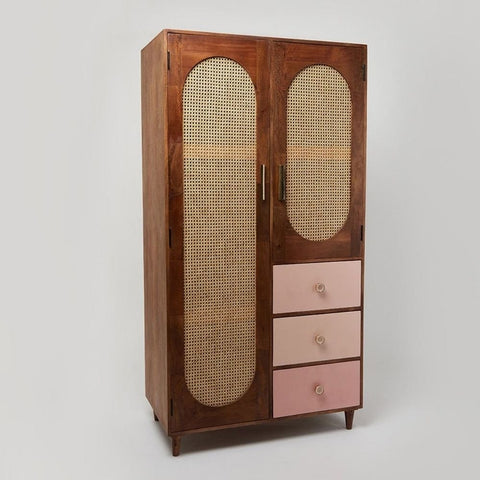 Rattan & Solid Wood Wardrobe | Boho Bedroom Storage Furniture – Oakvello