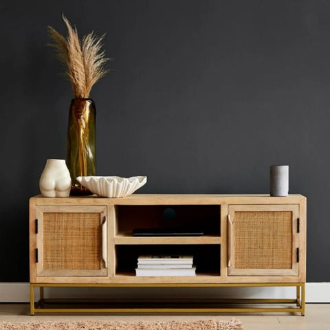 Rattan Webbed Solid Wood TV Unit | Boho Media Console & Living Room Storage – Oakvello