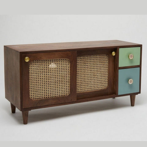 Rattan & Solid Wood TV Cabinet | Boho Media Console & Living Room Storage – Oakvello