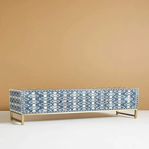 Jaipuri Indigo Blue Bone Inlay TV Unit | Handcrafted Media Console – Oakvello