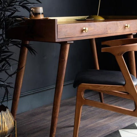 Retro Gold Solid Wood Study Desk | Home Office Writing Table – Oakvello