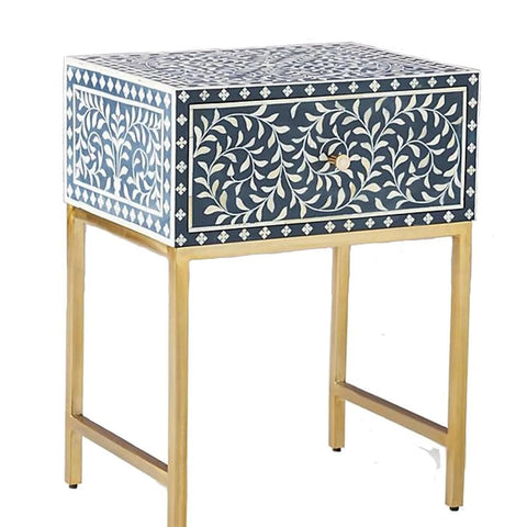 Jaipuri Dark Blue Bone Inlay Bedside Table | Handcrafted Nightstand – Oakvello