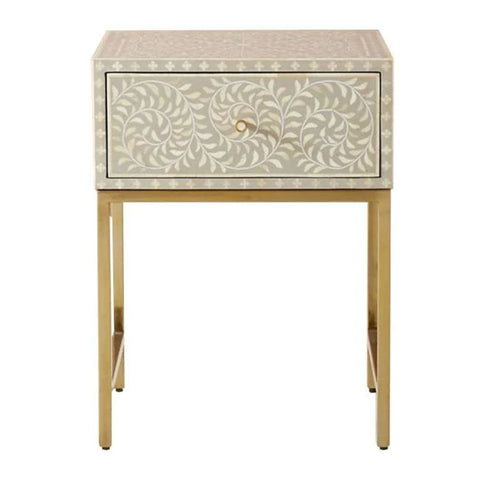 Kota Grey Bone Inlay Bedside Table | Handcrafted Artisan Nightstand – Oakvello