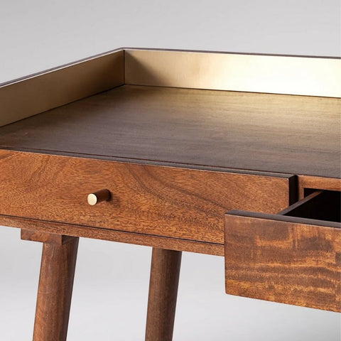 Retro Gold Trimmed Solid Wood Study Desk | Home Office Writing Table – Oakvello