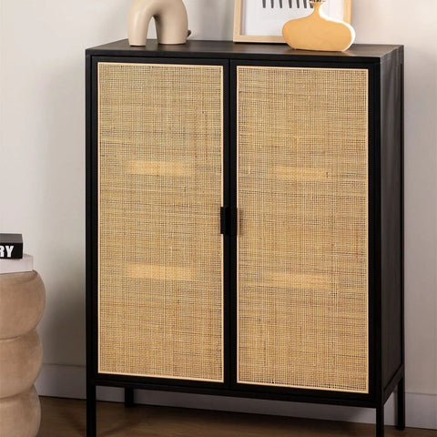 Reyna Rattan & Solid Wood 2-Door Sideboard | Boho Living Room Storage – Oakvello