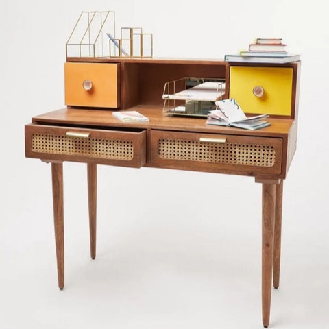 Rattan & Solid Wood Study Table | Natural Boho Home Office Desk – Oakvello
