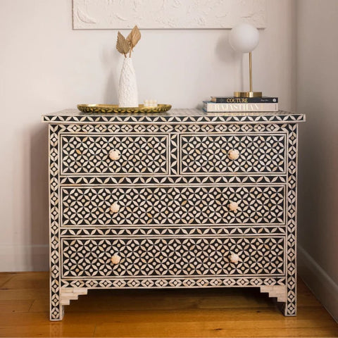 Jaipuri Black Geometric Bone Inlay 4-Drawer Chest | Artisan Dresser – Oakvello