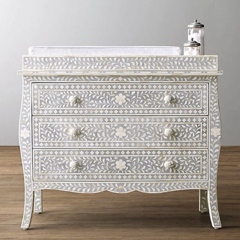 Grey Bone Inlay 3-Drawer Chest | Handcrafted Artisan Bedroom Storage – Oakvello