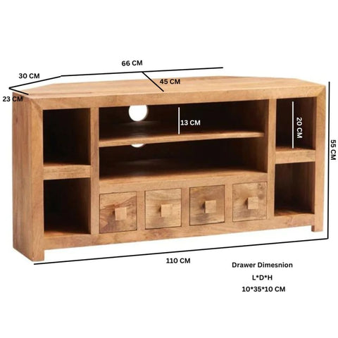 Jodhpuri Light Mango Wood Corner TV Unit | Solid Wood Media Console – Oakvello