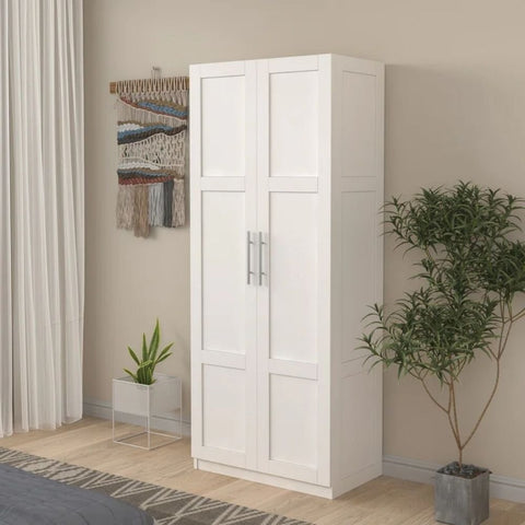 White Solid Wood 2-Door Wardrobe | Bedroom Storage Furniture – Oakvello