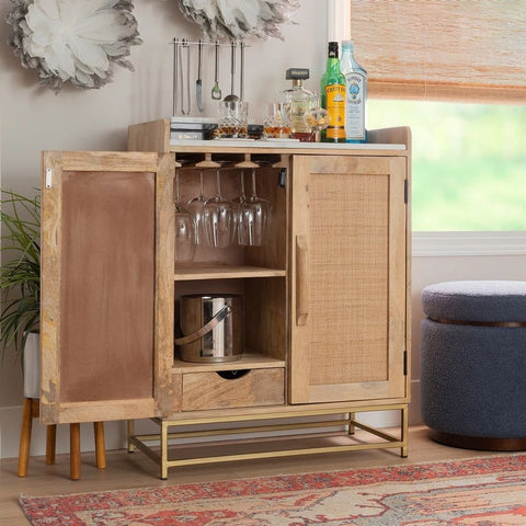 Natural Finish Solid Wood Bar Cabinet | Home Bar Storage Furniture – Oakvello
