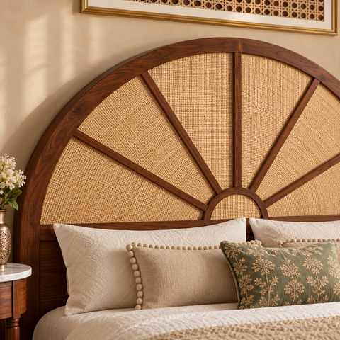 Surya Bed | Sunburst Arch Sheesham Wooden Bed | Cane Woven Headboard | King & Queen Size | Oakvello