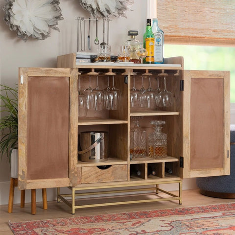 Natural Finish Solid Wood Bar Cabinet | Home Bar Storage Furniture – Oakvello