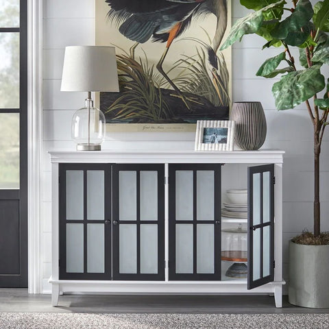 Glass & Solid Wood Sideboard | Modern Living Room Storage Cabinet – Oakvello