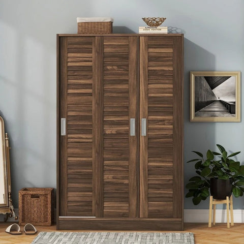Walnut Solid Wood 3-Door Shutter Wardrobe with Shelves | Bedroom Storage – Oakvello