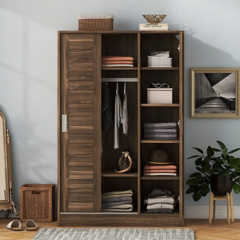 Walnut Solid Wood 3-Door Shutter Wardrobe with Shelves | Bedroom Storage – Oakvello