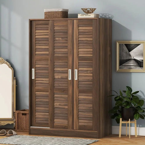 Walnut Solid Wood 3-Door Shutter Wardrobe with Shelves | Bedroom Storage – Oakvello