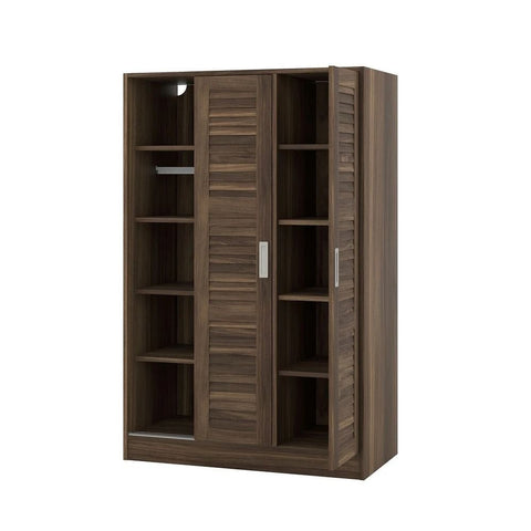Walnut Solid Wood 3-Door Shutter Wardrobe with Shelves | Bedroom Storage – Oakvello
