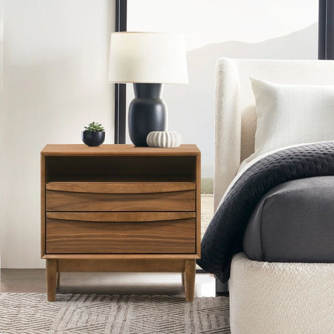 2-Drawer Nightstand with Open Shelf | Solid Wood Bedside Table – Oakvello