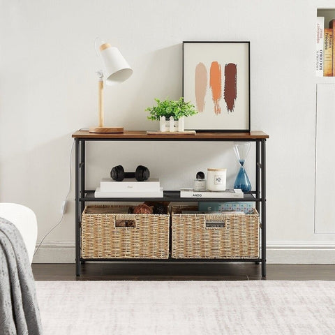 Solid Wood Console & Sofa Table with 2 Straw Storage Baskets | Entryway Furniture – Oakvello