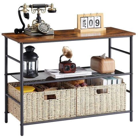 Solid Wood Console & Sofa Table with 2 Straw Storage Baskets | Entryway Furniture – Oakvello