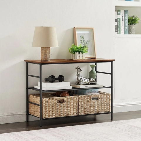 Solid Wood Console & Sofa Table with 2 Straw Storage Baskets | Entryway Furniture – Oakvello