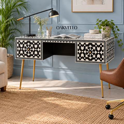 Ajmeri Black Bone Inlay Console Desk with 2 Drawers – Oakvello