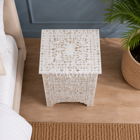 Grey Floral Bone Inlay 2-Drawer Bedside Table – 60 x 40 x 30 cm