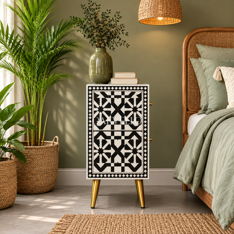 Bone Inlay Geometric Star 2-Drawer Bedside Table – Black & White
