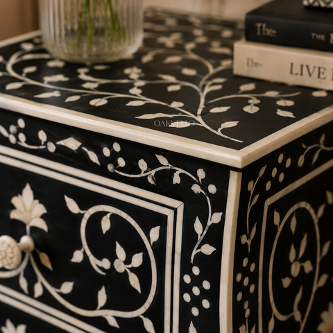 Black Floral Scroll Bone Inlay Bedside Table
