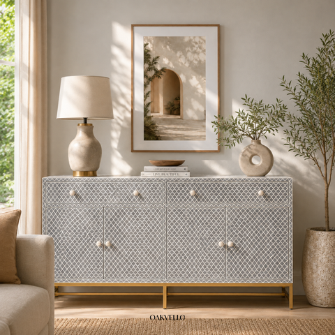 Bone Inlay Moroccan Trellis 4-Door Sideboard – Grey & White