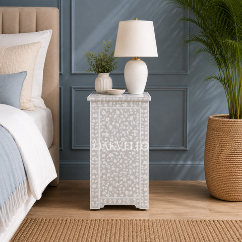 Grey Floral Bone Inlay 2-Drawer Bedside Table