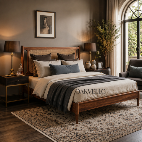 Riviera Rattan Bed – Solid Teakwood & Cane Headboard