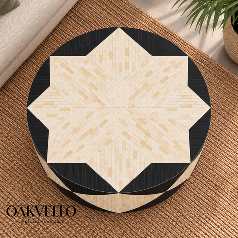 Noir Geometric Bone Inlay Coffee Table| Handcrafted Artisan Living Room Centre Table – Oakvello