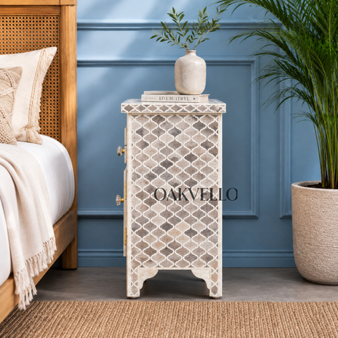 Bone Inlay Moroccan Trellis 1-Drawer 2-Door Bedside Cabinet – Grey & White