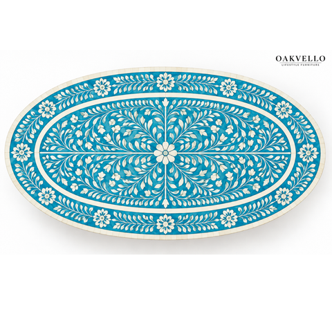 Oakvello Handcrafted Blue and White Bone Inlay Oval Coffee Table