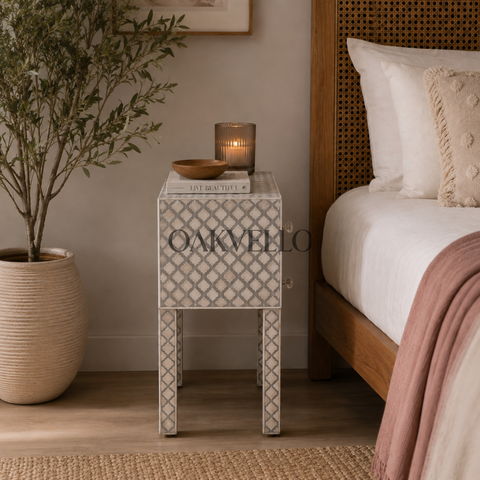 Moroccan Trellis Grey & White Bone Inlay 2-Drawer Bedside Table