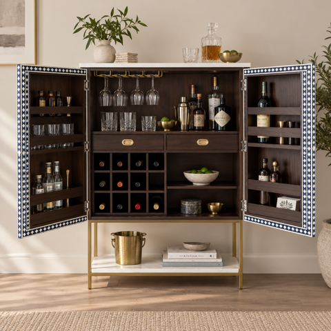 Blue & White Bone Inlay Bar Cabinet with Marble-Effect Top