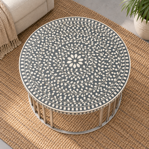 Bone Inlay Coffee Table with Metal Stand | Handcrafted Artisan Living Room Furniture – Oakvello