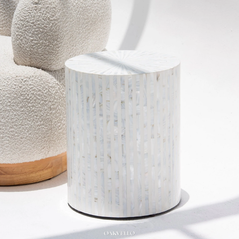 Ivory Sunburst Bone Inlay Drum Side Table