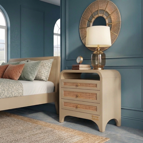 Aethel Teak Wood Cane Bedside Table | Mid-Century Nightstand – Oakvello