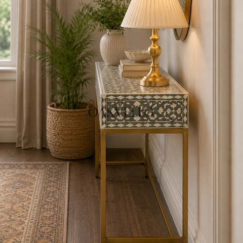 Bone Inlay Floral Medallion 3-Drawer Console Table – Sage Green & White