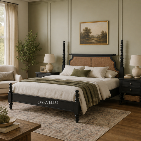 Manor Rattan Poster Bed | Solid Mango Wood & Cane Four-Poster Bed