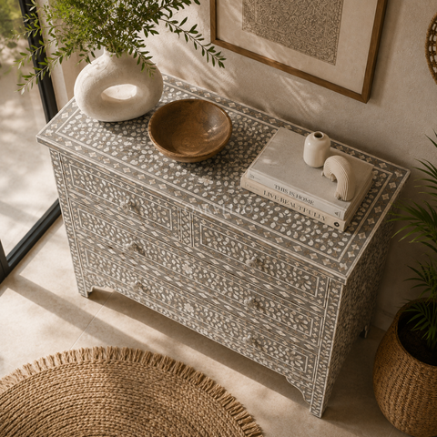 Grey Floral Bone Inlay 4-Drawer Chest of Drawers