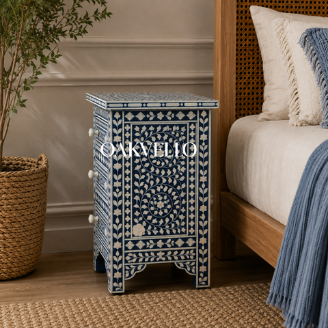 Indigo Garden Floral & Diamond Bone Inlay 3-Drawer Bedside Table