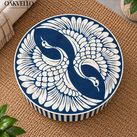 Azure Peacock Bone Inlay Coffee Table| Handcrafted Artisan Living Room Centre Table – Oakvello