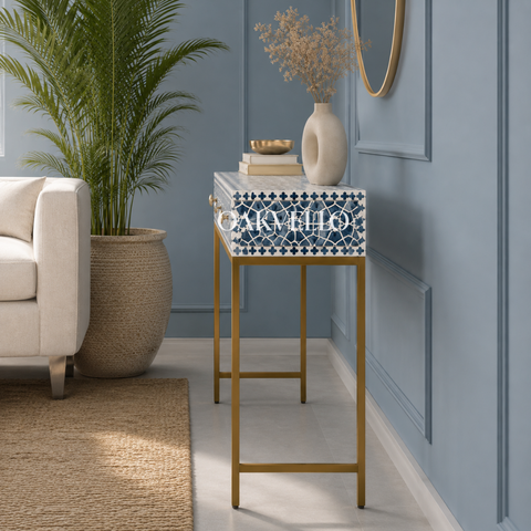 Blue Star Shell Inlay Console Table with Gold Iron Frame