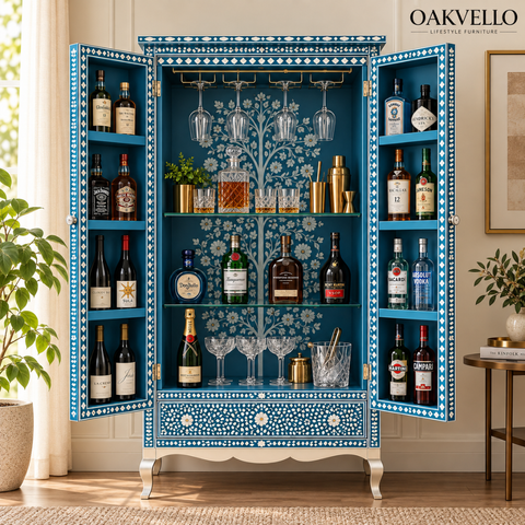Teal Bone Inlay Glass-Door Bar Cabinet with Cabriole Legs