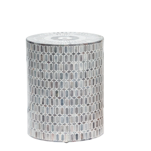 Silver Hex Shell Inlay Drum Side Table