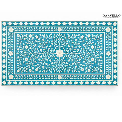 Blue Floral Bone Inlay Coffee Table I Oakvello